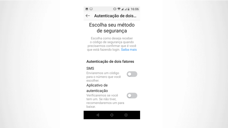 Opção de validação no Instagram: SMS ou app