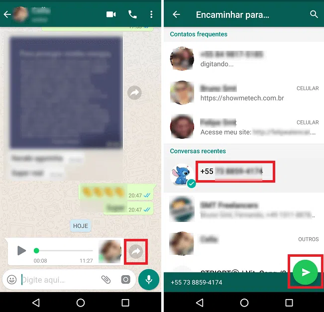 Clique em encaminhar e escolha seu contato na lista
