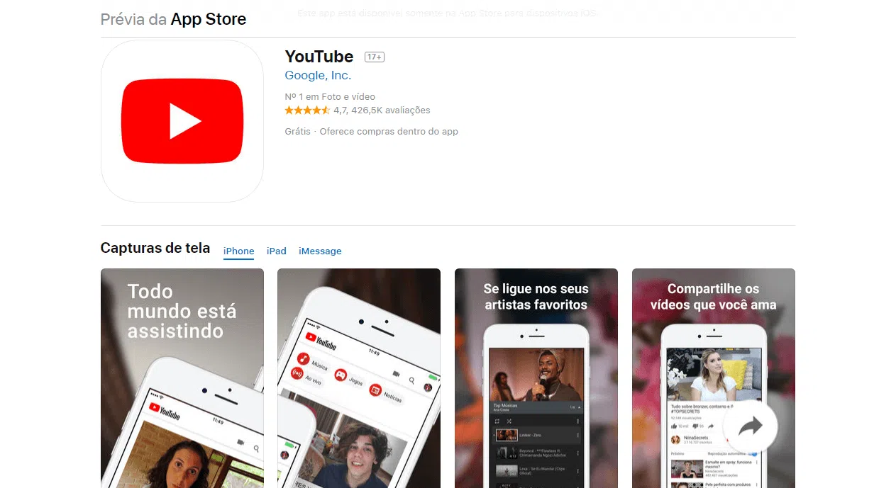 Imagem da app store do aplicativo youtube