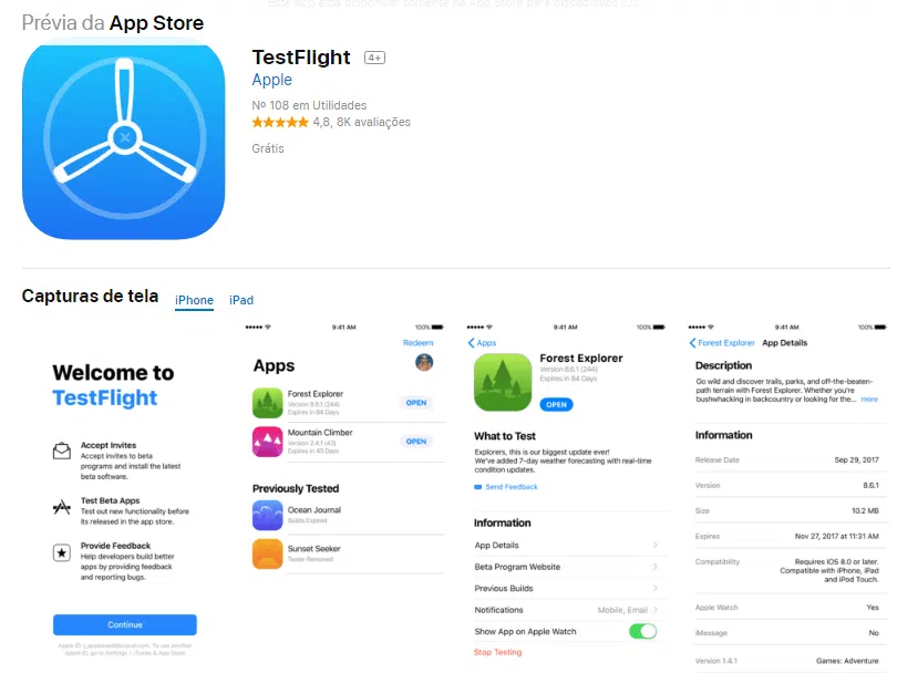 Imagem do testflight, aplicativo para iphone que permite usar o whatsapp beta