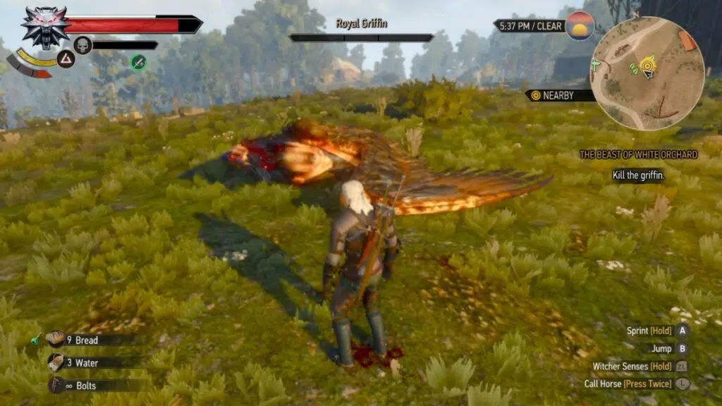 Em the witcher 3, além de humanos você precisa enfrentar bestas e monstros como grifos