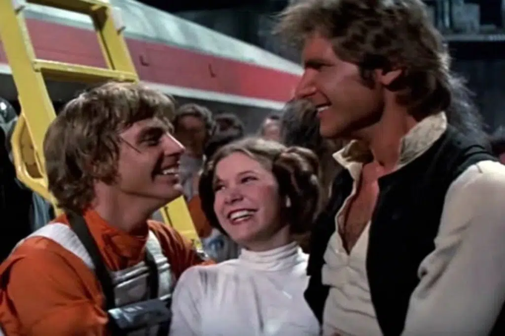 Trio de protagonistas da trilogia original de star wars: luke skywalker, princesa leia e han solo