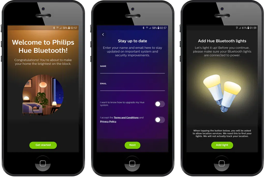 Imagem com 3 telas de configuração do aplicativo da phillips hue bluetooth