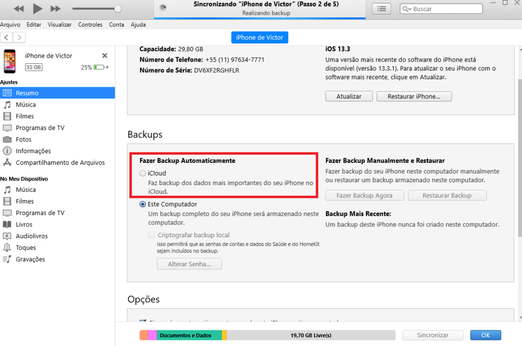 Perceba a parte "fazer backup automaticamente" com o icloud. Você também pode fazer manualmente como visto no lado direito ao apertar em "fazer backup agora"