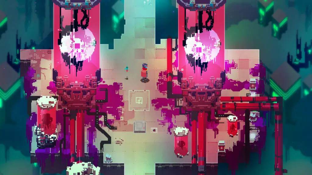 Tela de hyper light drifter com personagem caminhando entre máquinas