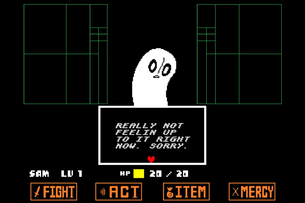 Tela de undertale com um fantasma sobre um fundo praticamente vazio se recusando a seguir suas ordens