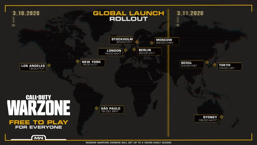 Cod warzone, mapa do mundo mostrando horários do lançamento do game