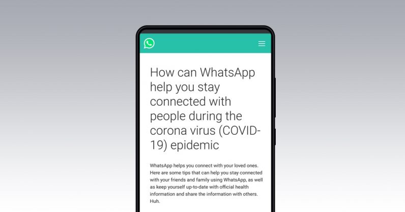 Página do hub de informações sobre o coronavírus do whatsapp