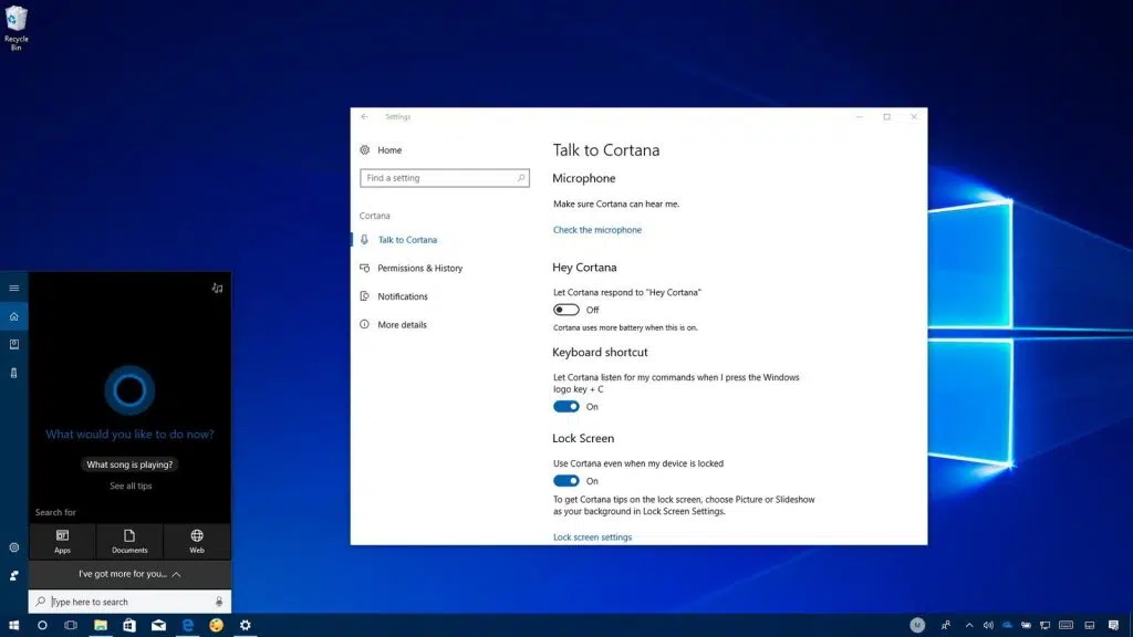 Cortana sendo utilizada para realizar configurações