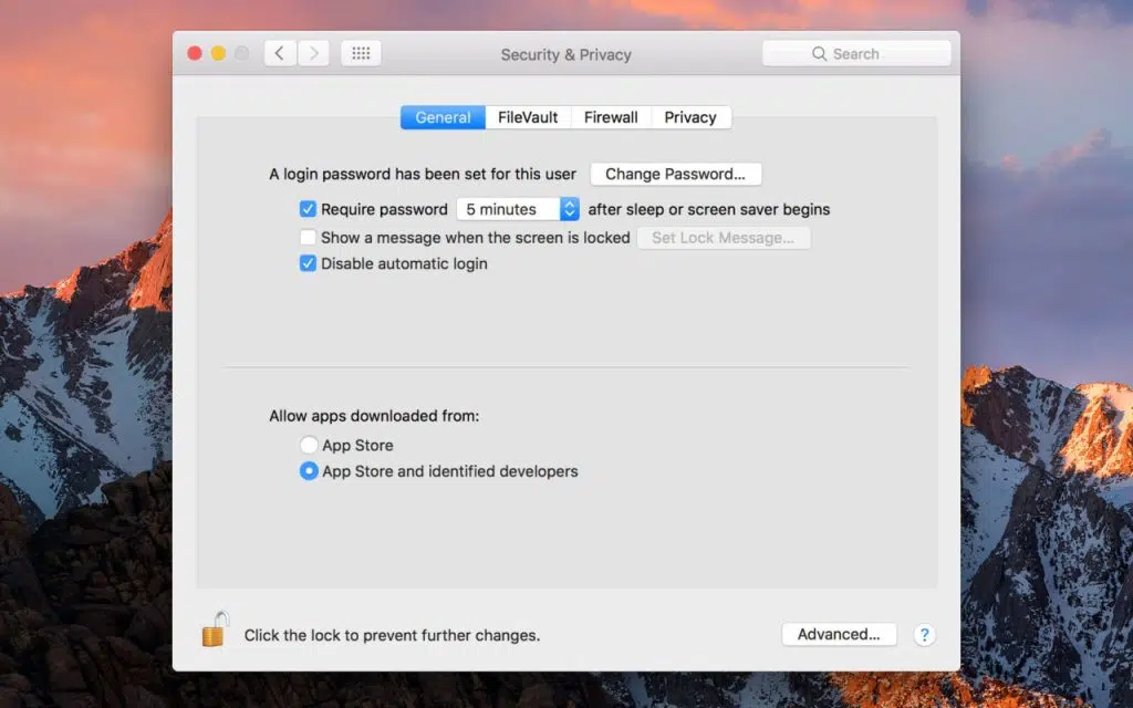 Tela de configurações de segurança do macos