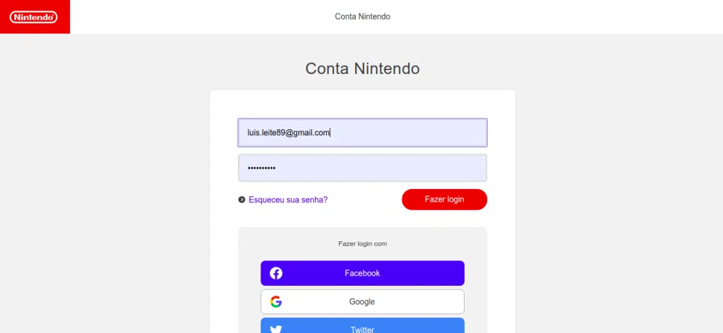 Tela de login da conta nintendo