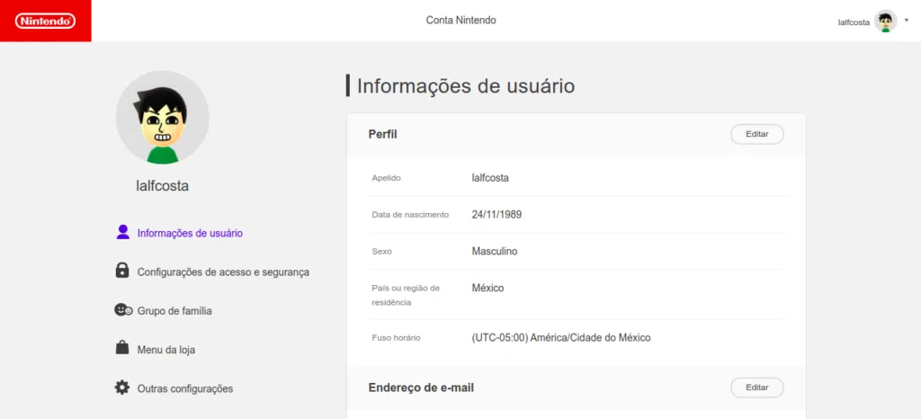 Tela principal da conta nintendo