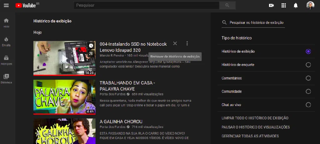 Removendo um vídeo do histórico do youtube