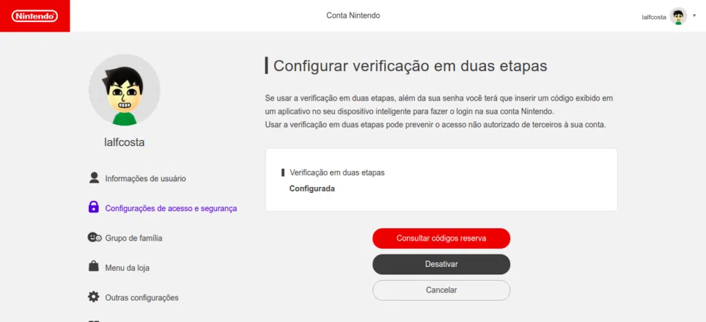 Tela da verificação em duas etapas