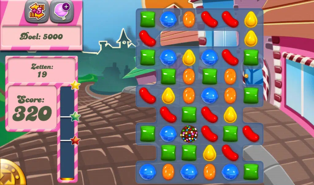 Candy crush saga em uma tela dentro do jogo, com diversos doces e pontuação de 320