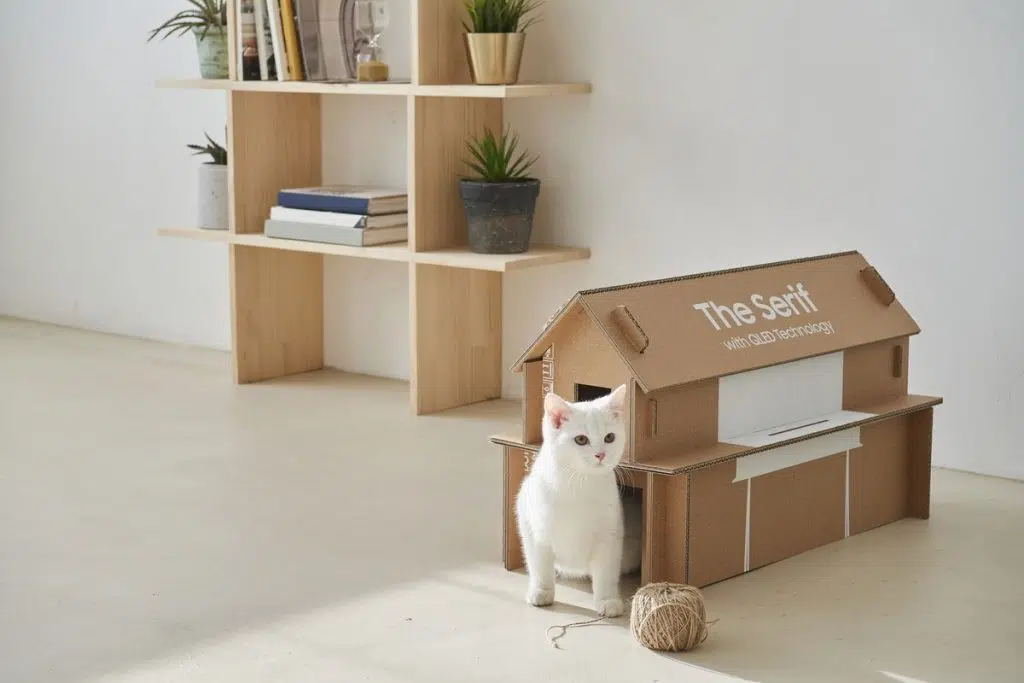 Gato branco saindo de dentro da casa feita com a caixa de tv samsung serif. Próximo a ele, um novelo.