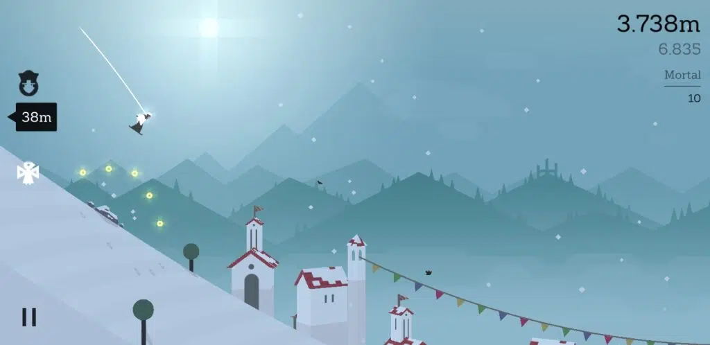 Alto's adventure no bioma de neve, em perseguição. Pontuação de 3,738 metros