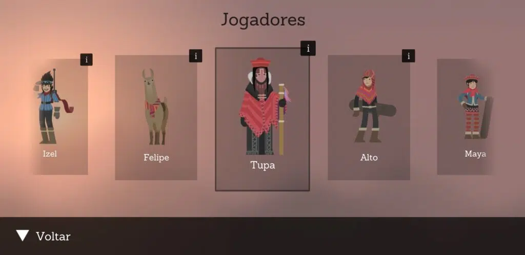 Alto's adventure no menu, mostrando as diferentes personagens jogáveis