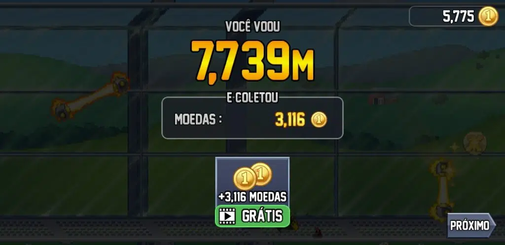 Jetpack joyride ao final de uma partida, mostrando pontuação recorde de 7,739 metros percorridos