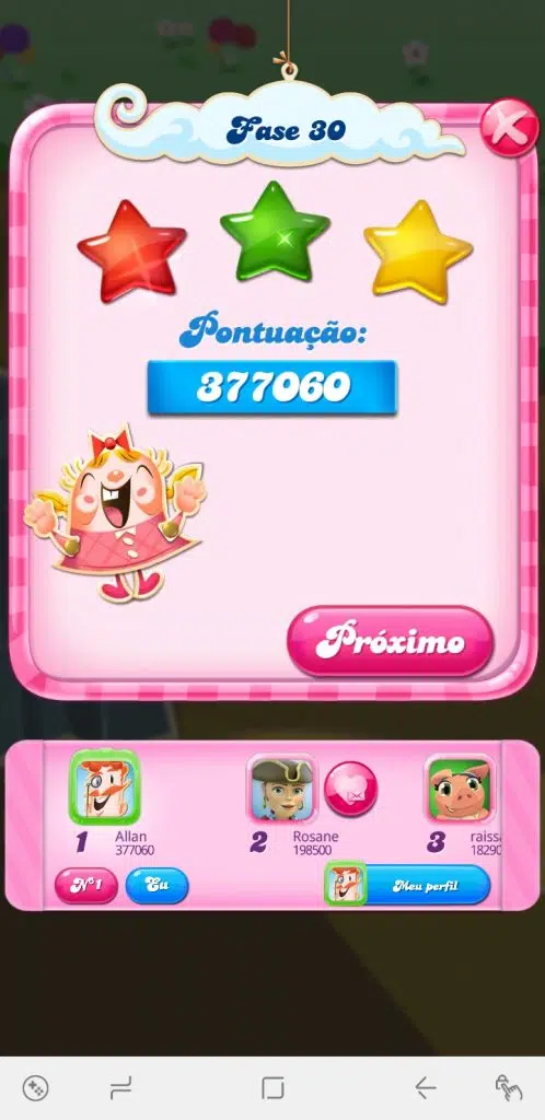 Candy crush saga na vertical, menu final após a partida com três estrelas completas