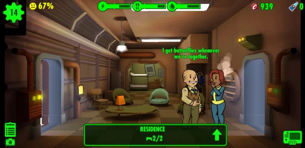 Fallout shelter em destaque para módulo de residência, com dois dwellers em flerte