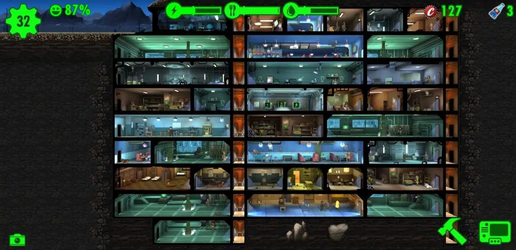 Fallout shelter com 32 moradores e nove níveis