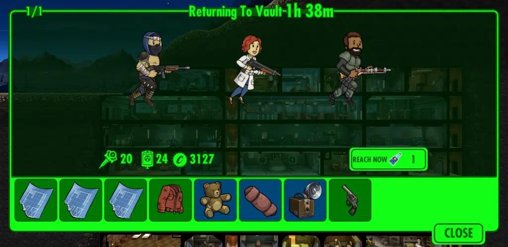 Fallout shelter com três dwellers voltando de uma missão