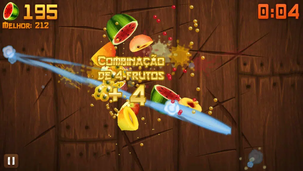 Fruit ninja cortando frutas com combo de 4 na tela