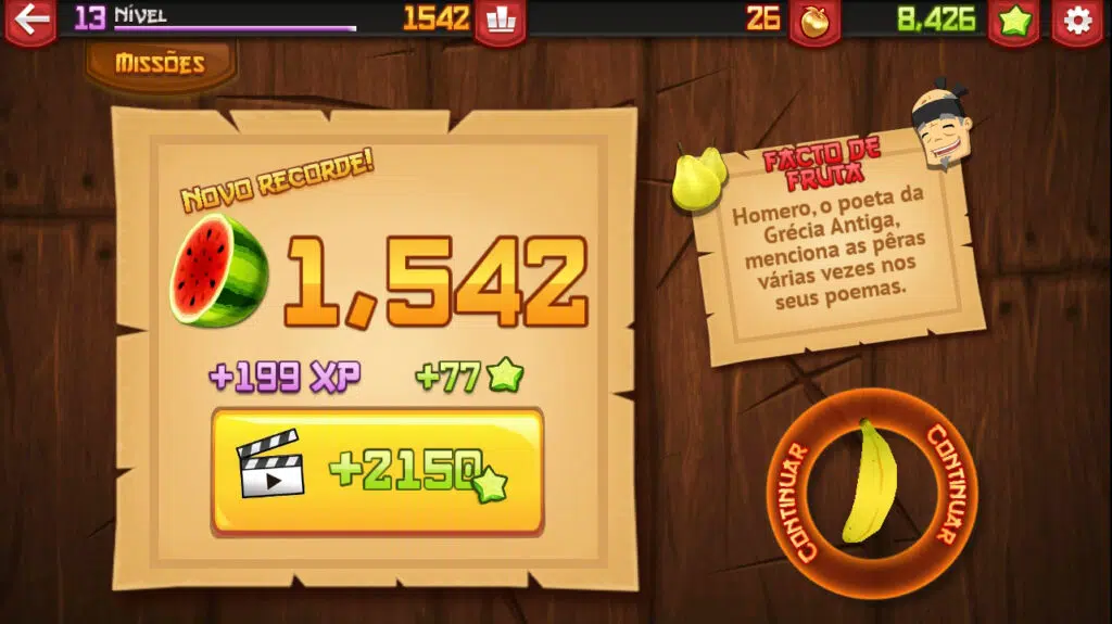 Fruit ninja tela de recorde, final de modo arcade