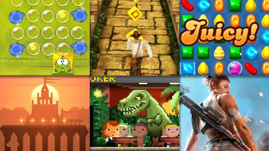 Cut the rope, temple run, candy crush soda saga, alto's odyssey, tiny tower, garena free fire