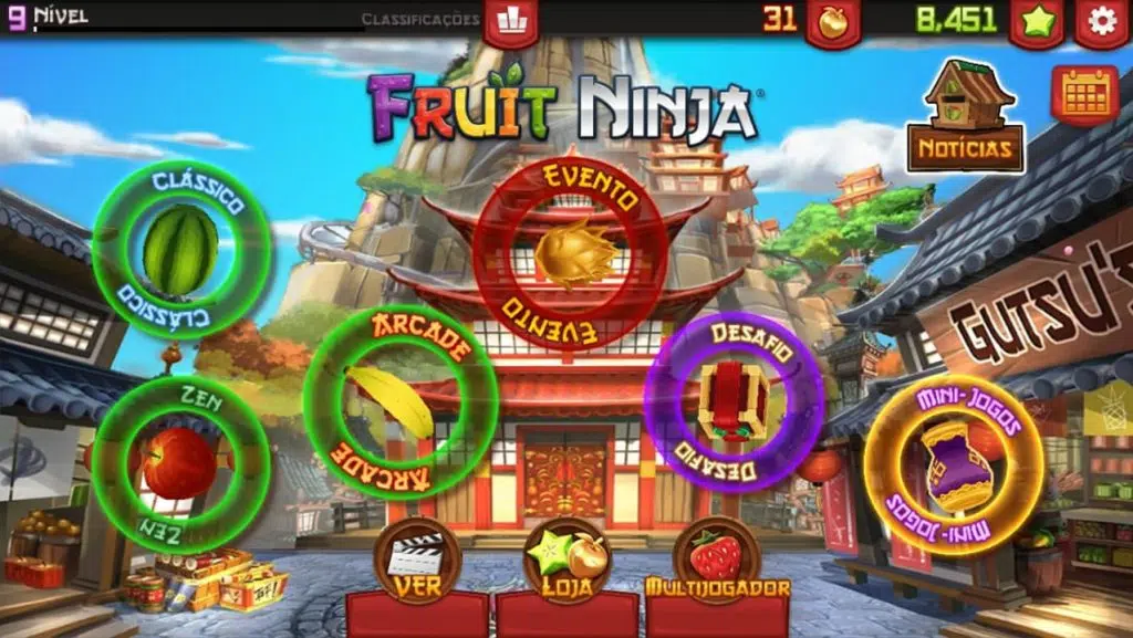 Fruit ninja tela inicial do jogo, mostrando todos os diferentes modos jogáveis