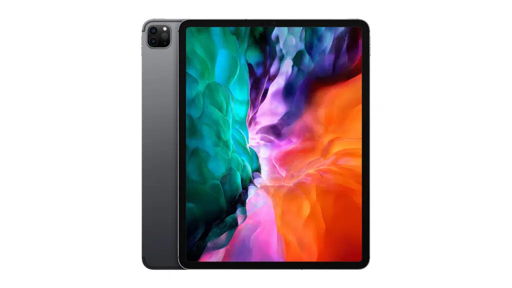 Ipad pro 2020 de frente e de costas, com papel de parede colorido e detalhe para o módulo da câmera