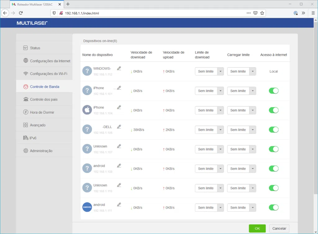 A imagem mostra o painel de gerenciamento do roteador multilaser. A aba controle de banda está selecionada. Ela exibe uma tabela com os dispositivos conectados à rede, as velocidades de download e upload de cada um e opções limite de download, para limitar a banda de download, e carregar limite, para limitar a banda de upload.