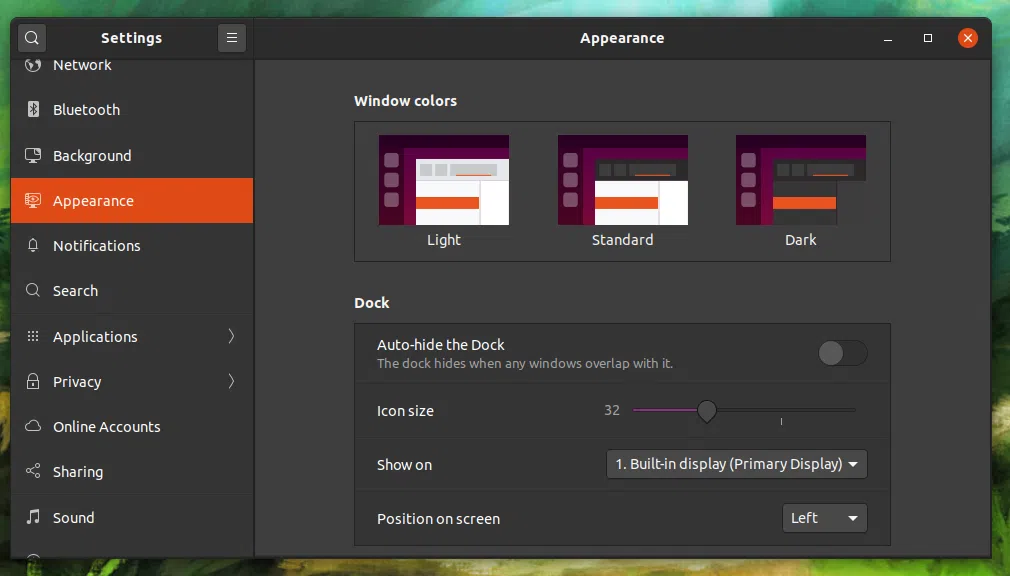 Tela de configuração da aparência do desktop do ubuntu 20. 04