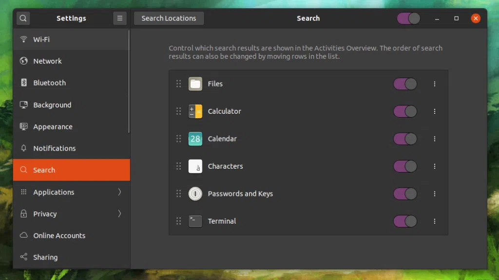 Menu de configurações do ubuntu 20. 04