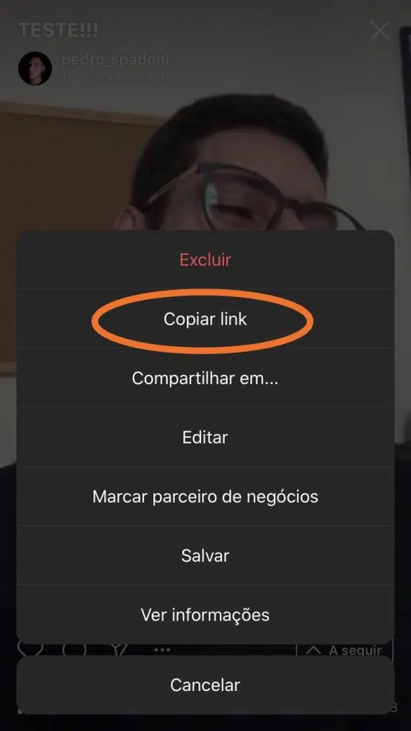 Print de uma etapa para salvar uma live do instagram