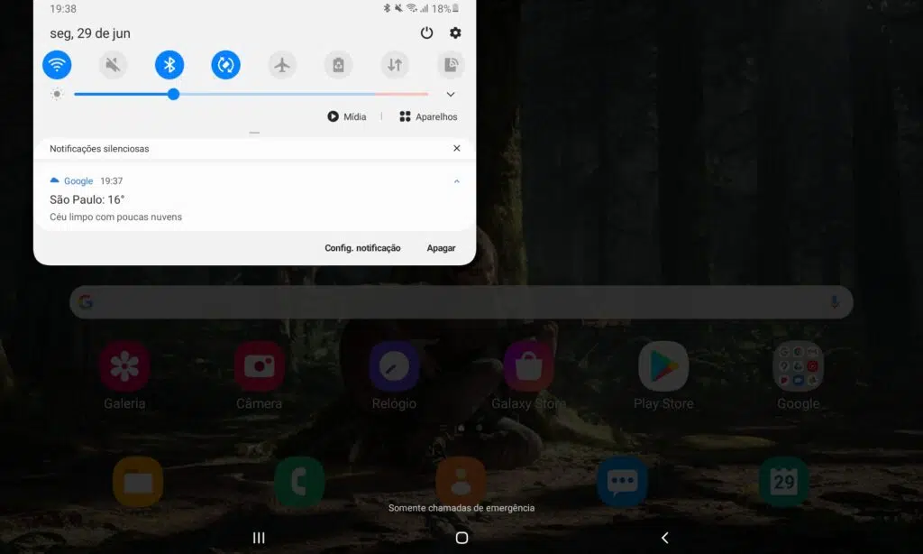 Samsung tab s6 lite print da tela mostrando interface reduzida da barra