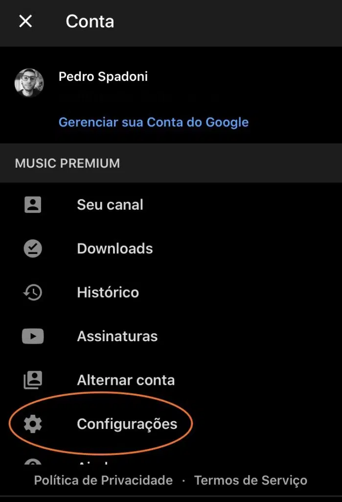 Tela do app do youtube music