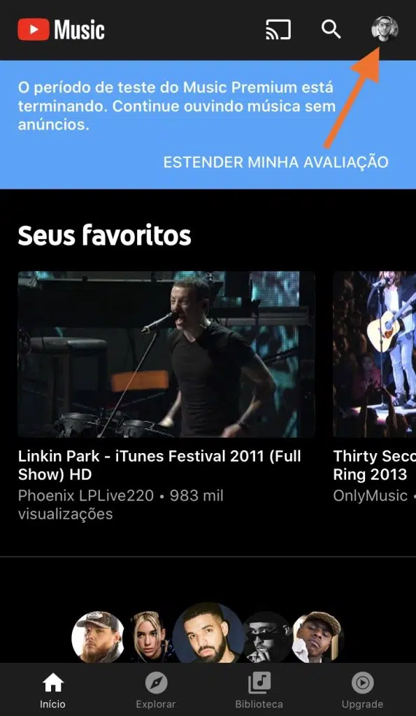 Tela do app do youtube music