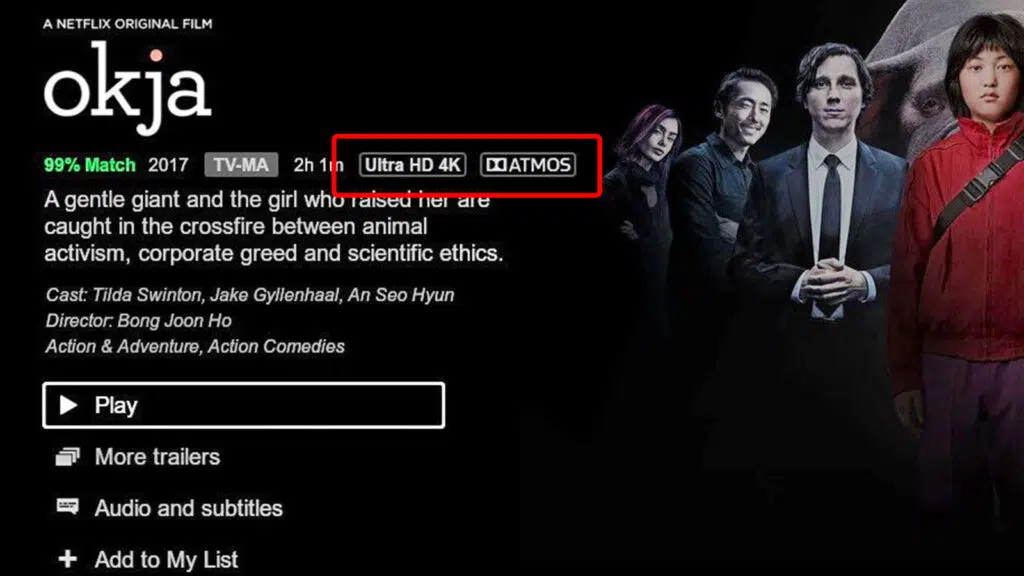 Okja no catálogo netflix com detalhe para dolbyatmos