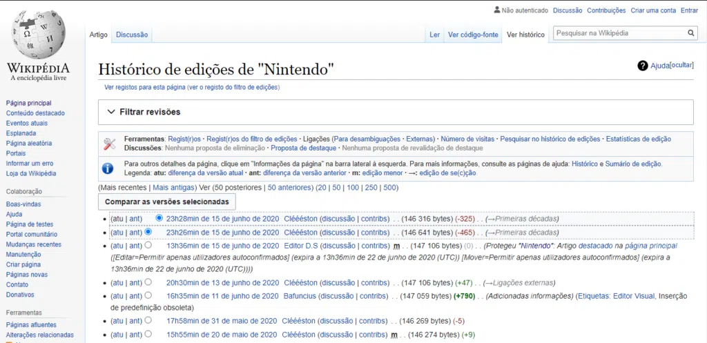 Página da wikipedia da nintendo, aba histórico