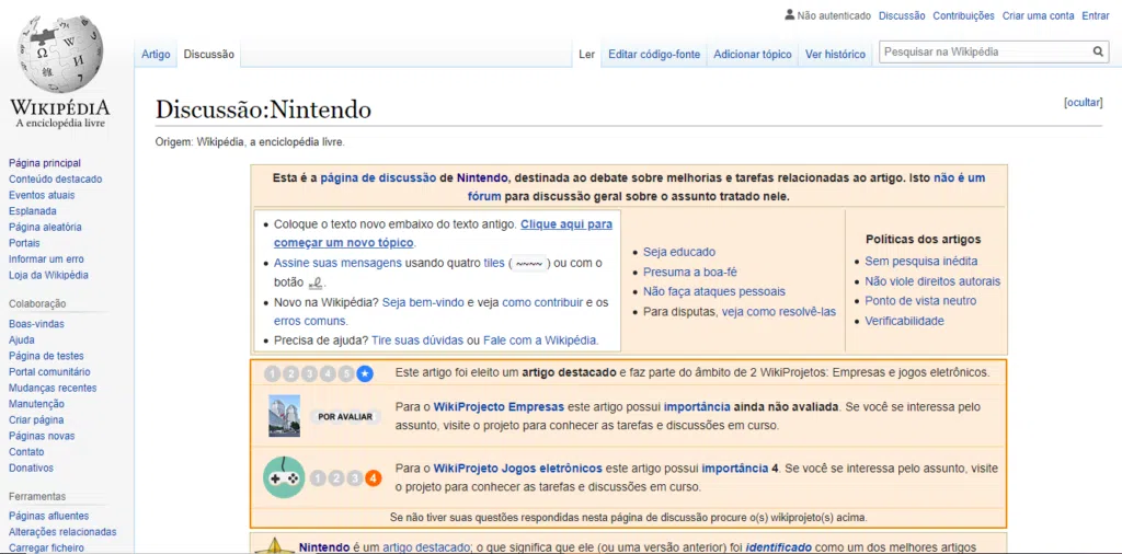 Página da wikipedia da nintendo, aba discussãi