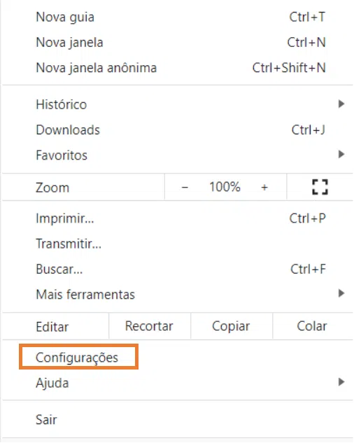 Tela com menu do navegador chrome indicando em laranja configurações