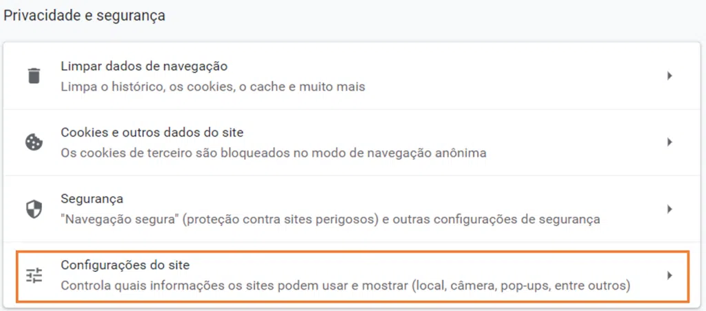 Tela do chrome indicando em laranja configuração do site