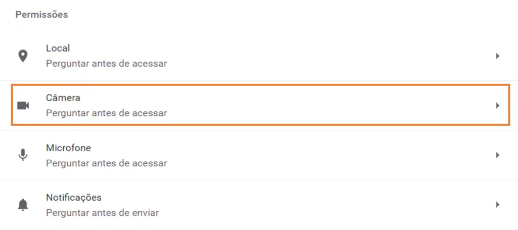 Tela do chrome indicando em laranja "câmera" para que você selecione a gopro webcam para uso em sites