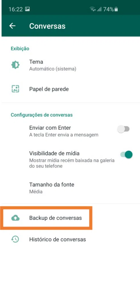 Ativando backup no google drive - passo 3