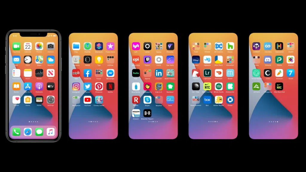Imagem mostra cinco páginas da tela inicial do iphone, lado a lado, com fileiras de ícones e algumsas pastas.