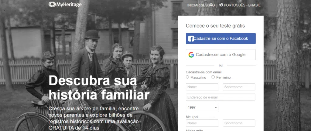 Cadastro no site myheritage pela própria plataforma, na parte inferior, branca, ou pelo facebook e pelo google, na parte superior, azul e branca, respectivamente