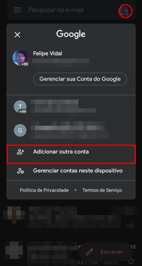 Adicione outras contas no gmail pelo smartphone