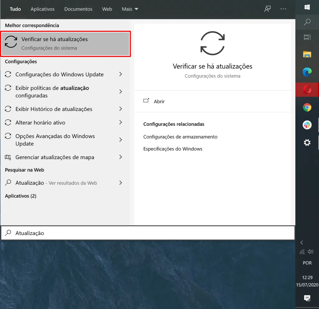 Na barra de pesquisa, procure a opção "verificar se há atualizações".